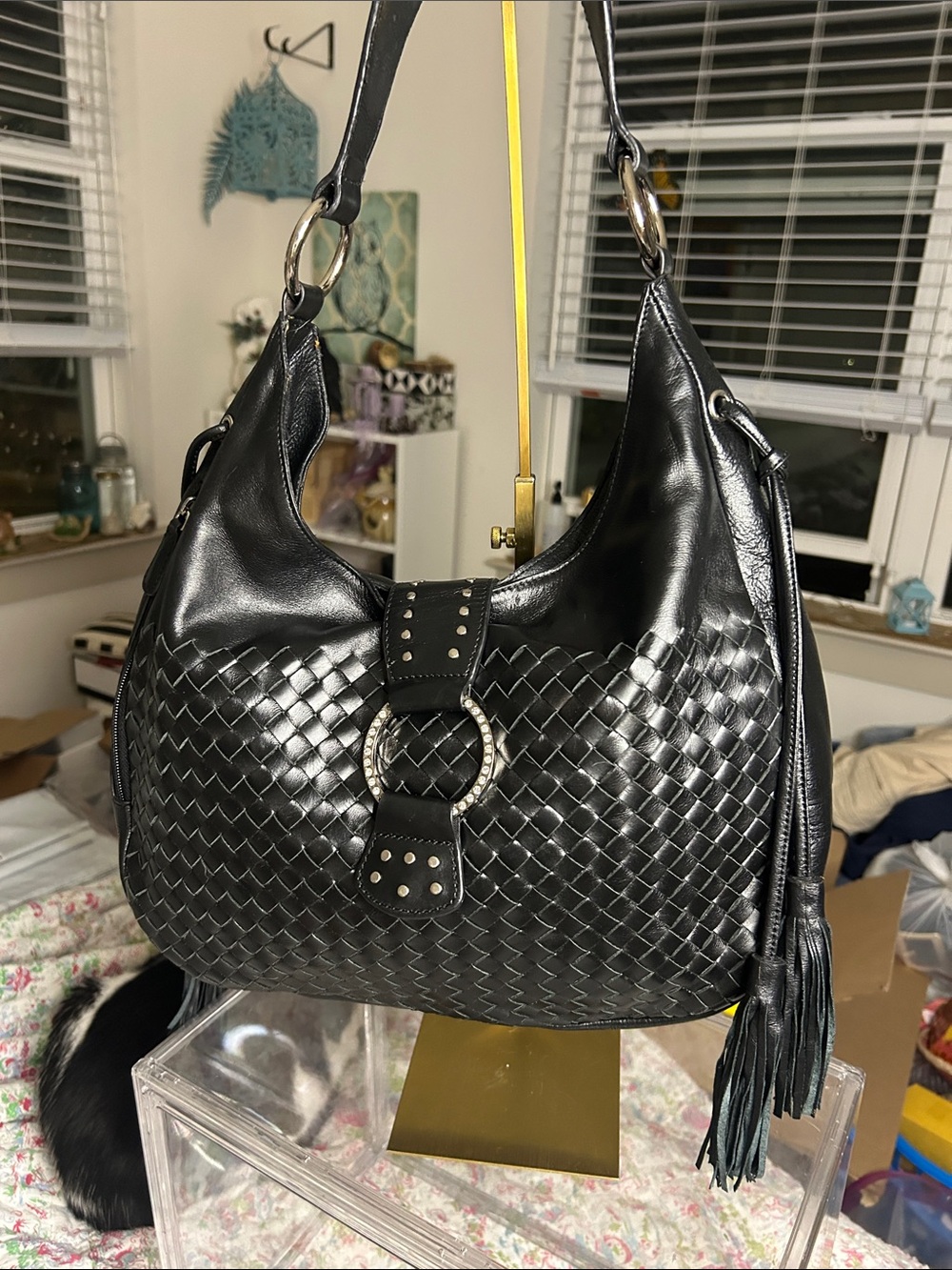 Sharif Black Woven Leather Shoulder Bag with Silver Ring Rhinestone Closure EUC